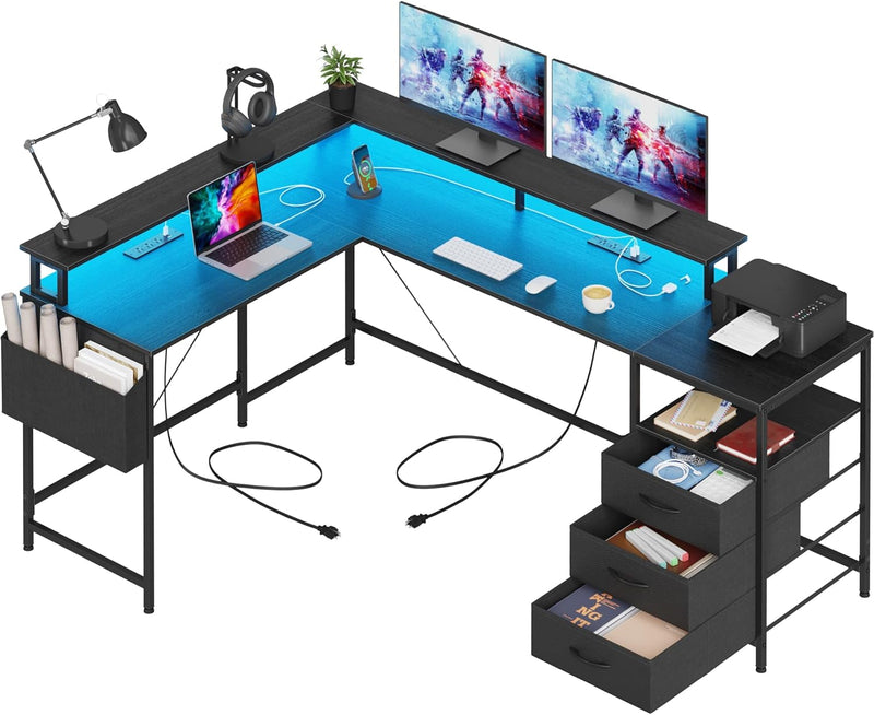 3 Drawers L Shaped Desk 63 Inch, 2 Power Strips (6 AC) and LED, Large Gaming Desk & 2 Monitor Stands, L Shape Computer Desk, Stable and Sturdy Home Office Desk, Fabric Drawers, Black B6014