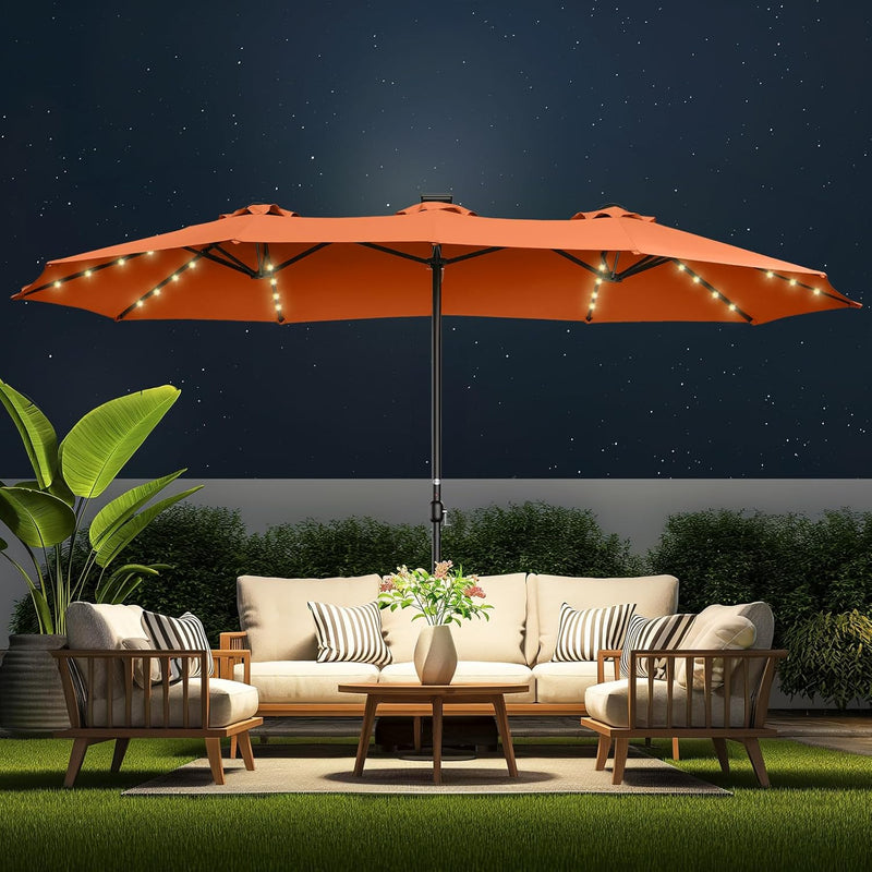 Double Sided Patio Umbrellas - 15ft Solar Lights LED Lighted Outdoor Extra Large Market Table Umbrella with Base Included, Oversized Umbrella for Deck, Pool, Backyard (Beige) T7084