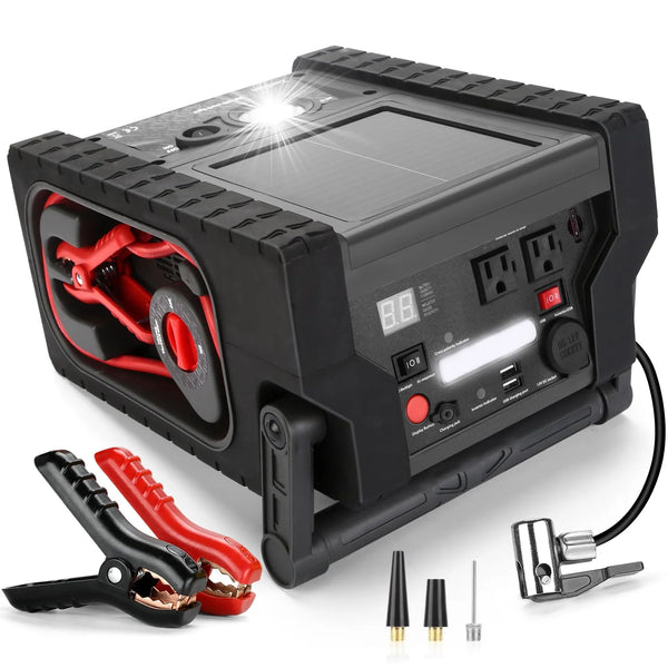 ZD-529 Solar Portable Power Station 2000 Amps Jump Starter, 260 PSI Air Compressor, 12V Car Battery Charger with 400W Inverter Dual AC/DC/USB Output, Emergency Backup Power with Flashlights T1936