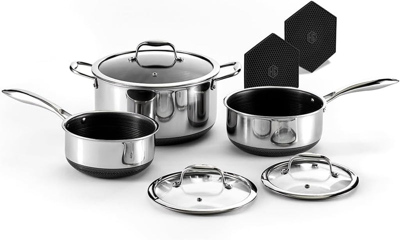 Hybrid Nonstick 6-Piece Pot Set with 2 Silicone Trivets, 2, 3, and 8-Quart Pots with Tempered Glass Lids, Stay-Cool Handles, Dishwasher-Friendly, Induction-Ready, Compatible with All Cooktops C1494