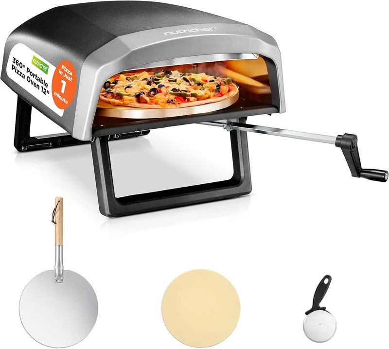 Outdoor pizza oven, equipped with 360-degree rotating pizza stone | Adjustable temperature control | Includes pizza shovel, pizza knife, stone, lid and hose | Can bake a 12-inch pizza in 60 seconds | 32.9 x 16.1 x 12.4 inches S6326