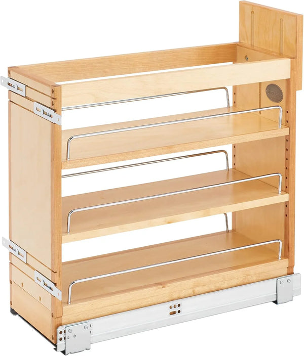 5-inch pull-out storage rack, suitable for bottom cabinets in kitchens/bathrooms, with a soft-closing slide rail for a spice rack/food storage rack, made of wood material A5578
