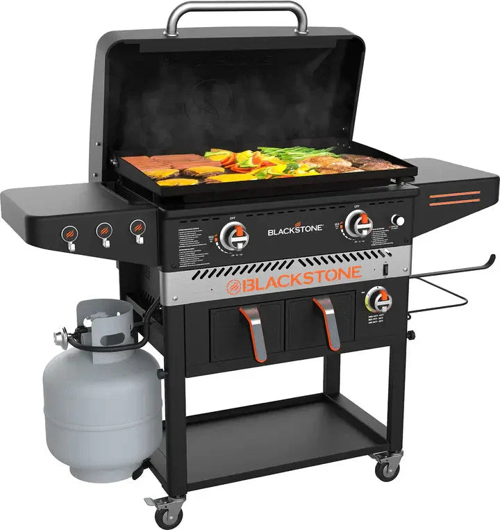 1962 Air Fryer Combo & Two Burners Stainless Steel Gas Hood, Wheels, Two Side Shelf – Heavy Duty Outdoor Griddle Station for Backyard, Patio, 28 inch Black U7832