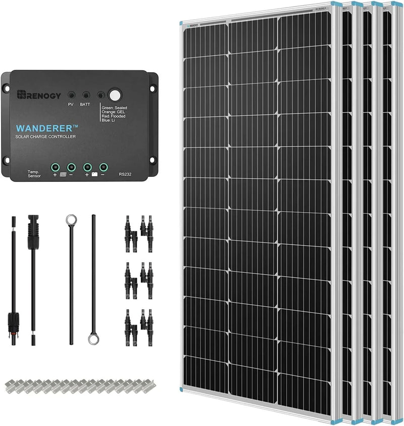 400 Watt 12 Volt Premium 4 Pcs 100W Panel 40A MPPT Charge Controller Wireless Module Fuse Mounting Z Brackets Adaptor Kit Tray Cables Set, 400W, Grid 12V Solar Power System Z3731