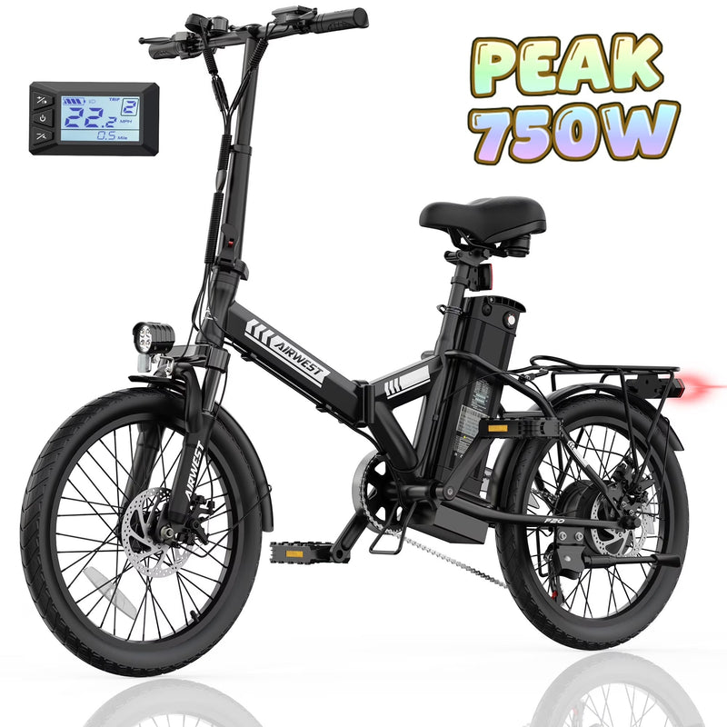 AIRWEST 20 in Foldable Electric Bike for Adults, Compact Commuter eBike with 500W Motor 750W Peak, Removable 48V 7.8Ah Battery, 50 Miles PAS... H9872