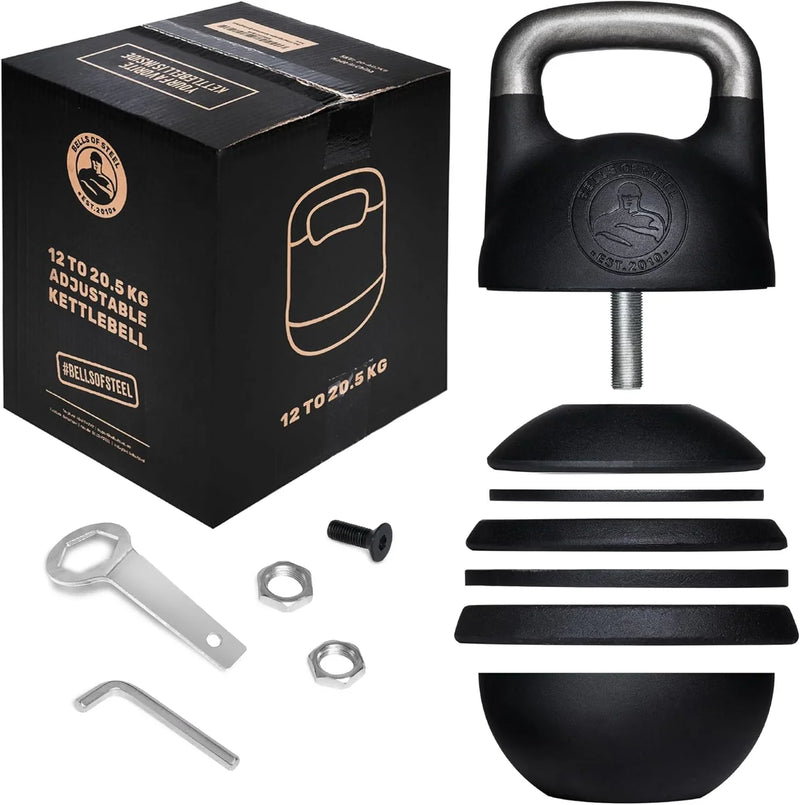 Adjustable Kettlebell Set [Bells of Steel] Kettle Bell Weight Set, Steel Shell, Internally-Loaded for Full Body Workouts, Competition Standard 35mm Handle, 12-20.5kg U2984