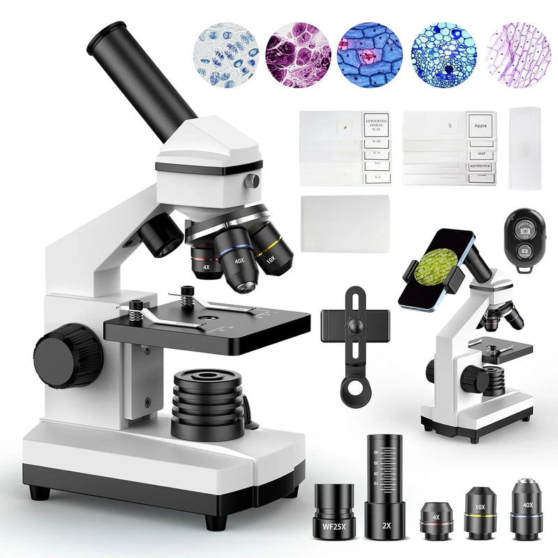 Compound Microscope for Adults & Kids - 100X-2000X High-Power Biological Microscope for Students, School Lab & Home Education, with Slides Set & Phone Adapter (White) O7035