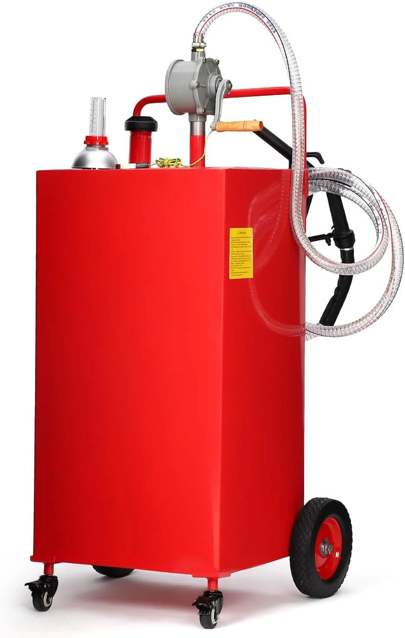 30 Gallon Fuel Caddy, Fuel Tank with Manual Transfer Pump for Gasoline & Diesel, Durable 4-Wheel Design, Mobile Fuel Storage for Cars, Trucks, Boats, Lawn Mowers, Red M5315