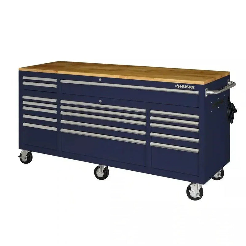 Husky 72 in. 18-Drawer Mobile Workbench with Solid Wood Top in Gloss Blue I0413