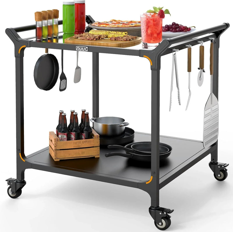 Outdoor barbecue food truck, 32" x 32" stainless steel pizza oven table, mobile barbecue kitchen food preparation cart with double-tiered shelves, suitable for garden patios O2209