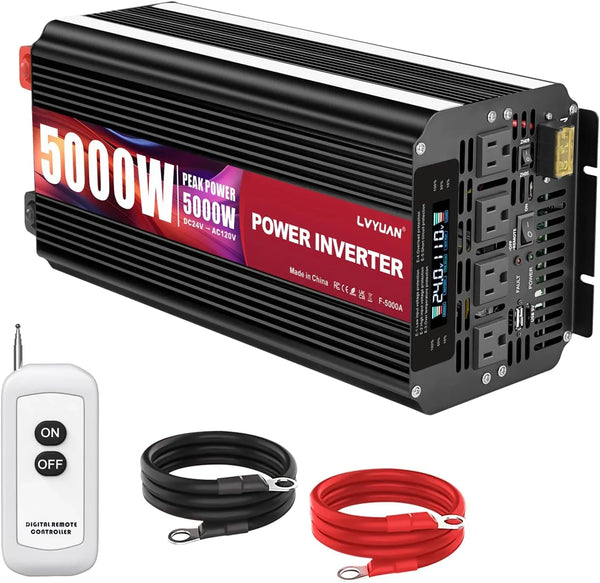 5000 Watt Power Inverter 12V to 110V 120V for Vehicle, Solar Inverter System, Heavy Duty, RV, Truck, Off Grid,Camping with 4 AC Outlets, LCD Display, Wireless Remote Control, Car Power Inverter T2905