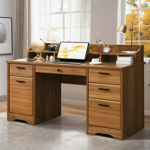 Executive Desk with Drawers, 58 Inch Desk with Storage, Wood Executive Desk with 6 Drawers, Study Desk for Bedroom, Business Furniture Desk with File Cabinet, Vintage Brown K3739