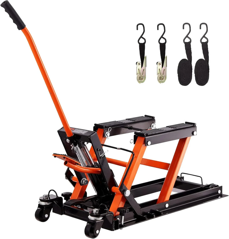Hydraulic Motorcycle Lift Jack 1500 LBS Capacity ATV Scissor Lift Jack Portable Motorcycle Lift Table with 4 Wheels Hydraulic Foot-Operated Hoist Stand for Motorcycle ATV UTV Powersports Q8784