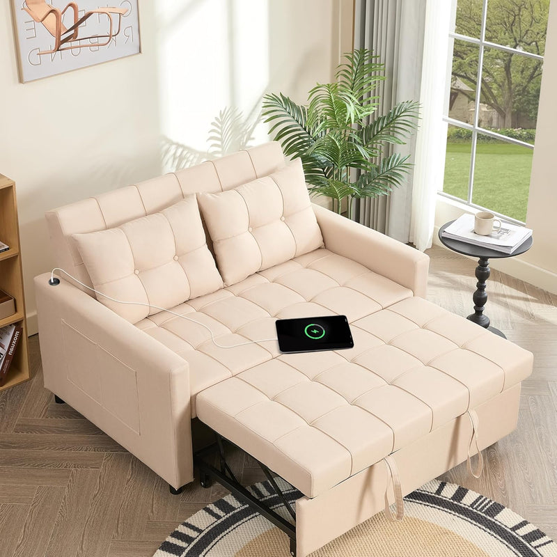 52" Sleeper Sofa with Pull-Out Bed, 3-in-1 Convertible Sofa Bed, Loveseat with Adjustable Backrest and Side Pocket, Room Apartment, Linen, Dark Grey N9183