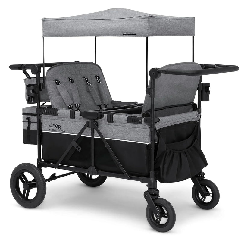 Luxurious 4-seater children's stroller - A high-end 4-seater children's stroller specially designed for 4 children, equipped with convertible seats, adjustable push-pull handles, detachable sunshade, and flat folding device. The color is grey. X5804