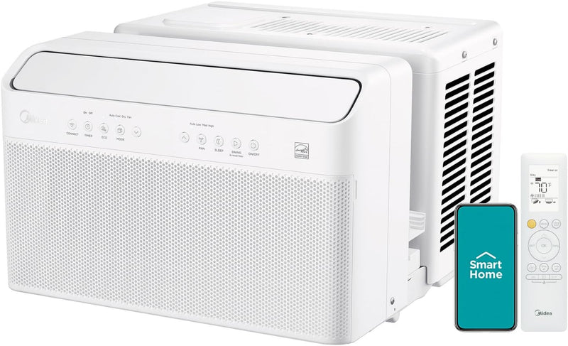 8,000 BTU U Shaped Smart Inverter Window Air Conditioner, Cools up to 350 Sq. Ft., Ultra Quiet with Open Window Flexibility, Works with Alexa/Google Assistant, 35% Energy Savings, Remote Control S0110
