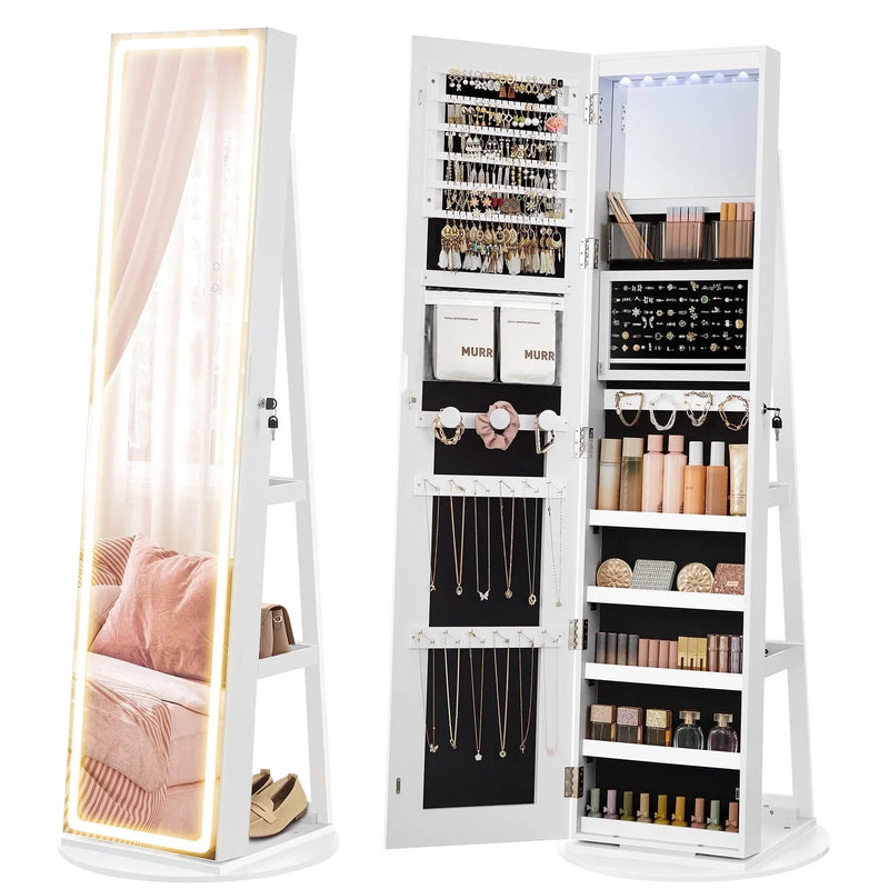 LED Mirror Jewelry Cabinet Standing Jewelry Armoire Organizer Box with Full-Length Mirror and Adjustable LED Lights White R5096