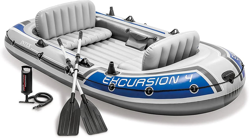 Excursion Inflatable Boat Series: Includes Deluxe 54in Boat Oars and High-Output Pump – SuperTough PVC – Adjustable Seats with Backrest – Fishing Rod Holders – Welded Oar Locks B303