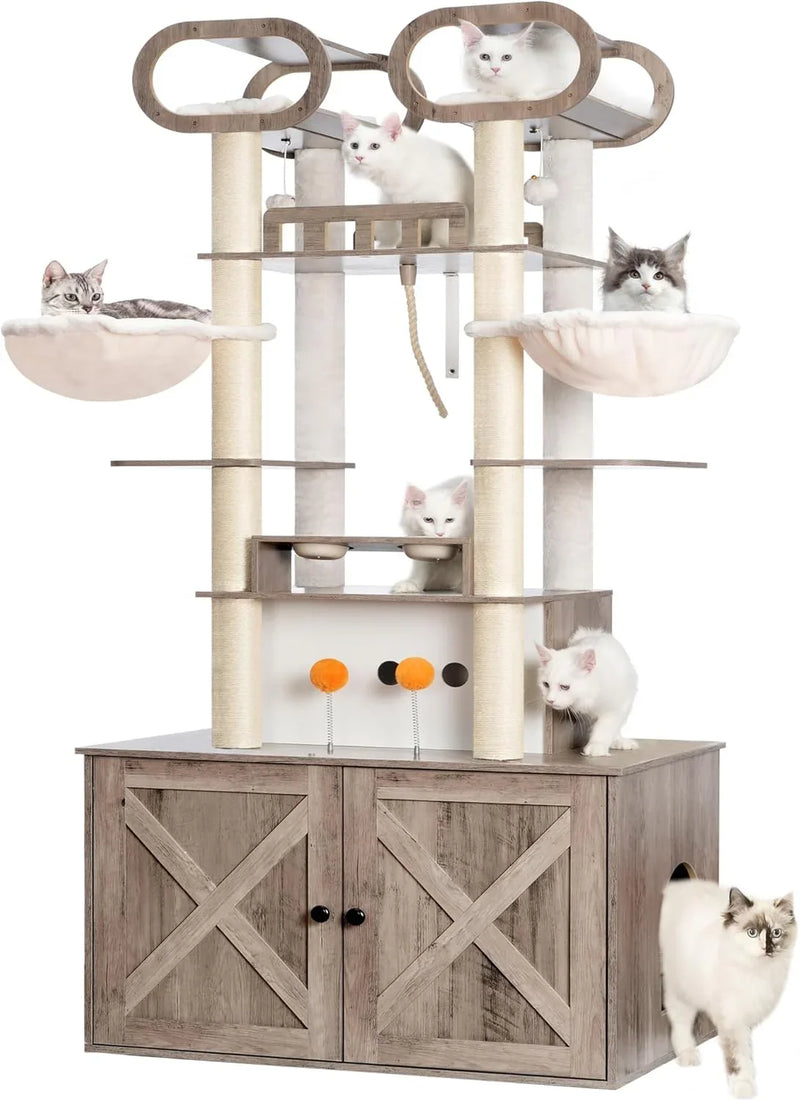 The Habori cat climbing frame with cat litter box storage box, a 76.8-inch wooden Menicos cat tower, equipped with a feeding station and a large platform, modern-style large cat apartment furniture, with a climbing column made of full H8228