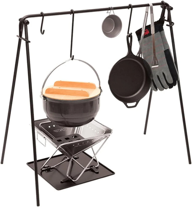 Grill Swing Campfire Cooking Stand BBQ Grill With Hooks & Accessories Bag For Outdoor Picnic Cookware & Dutch Ove (Color: Black, Size: 90x57x87cm) (Black 90x57x87cm) F7022