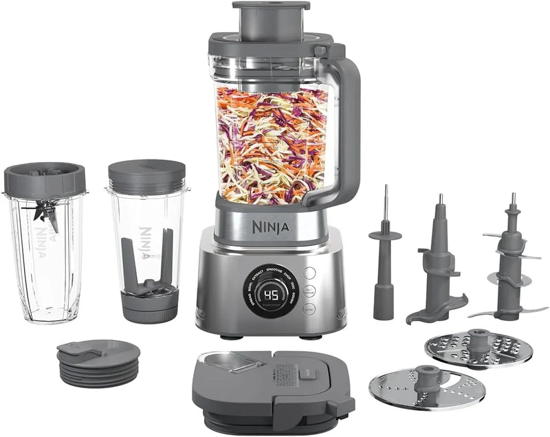 Blender and food processor combination set, powerful blender system, suitable for making smoothies, bowl foods, spreads and milkshakes, with 6 functions, 72-ounce water jug, portable cup, silver color, SS401 model. Y1511