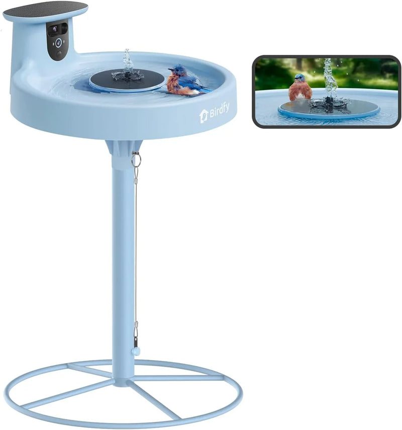 Smart Bird Bath, equipped with a camera, solar power supply, fountain and stand. It features a dual-lens camera for bird observation, automatically captures bird videos and has motion detection functionality. Y9087
