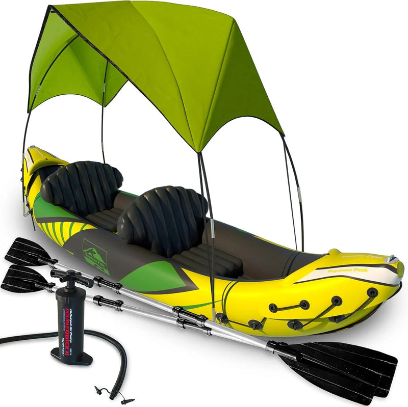 Inflatable Kayak 2 Person with Sun Canopy (Detachable) Kayaks for Adults 3rd Seat for Dog/Child Waterproof Phone Bags Adjustable Seats Kayak Backrests & More New 2024 Yellow Green V3535