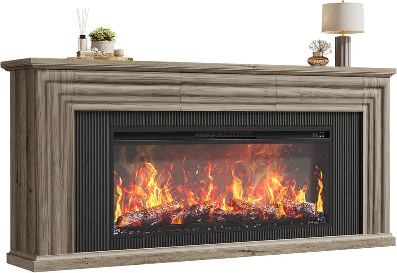 75-inch wall-mounted TV cabinet, rustic modern entertainment center with fireplace, 70-inch media cabinet with 3 drawers, featuring a recessed design, suitable for the living room, black version Q8900