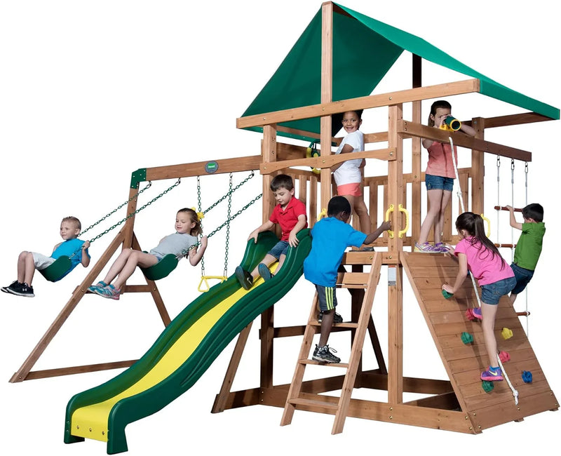 Cedar Wood Swing Set with Wave Slide, Play Deck, Double Rock Wall, Rope Ladder, Web Swing, Belt Swings, Toy Telescope, Steering Wheel, Sandbox Area, Outdoor Playset W7965