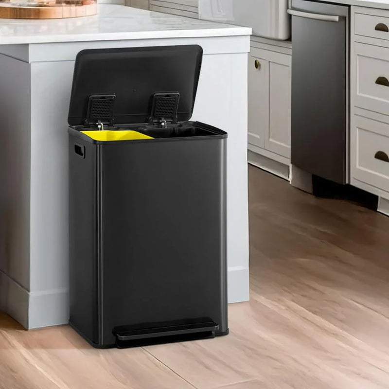 CAPHAUS Dual Trash Can with Double Lid, Trash and Recycle Bins Combo, Hands-free Stainless-Steel Garbage Can for Kitchen, with 2 Compartment, Hinged Lid, Odor Filters, Handles, 25L 25L, 2 x 6.6 Gallon R3012