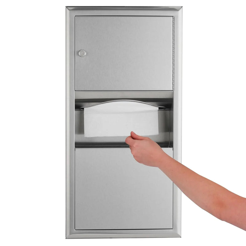 Wall-mounted tissue dispenser and waste paper storage box. Mirror-polished stainless steel material. 2-gallon capacity. Can hold 350 single-layer or 475 multi-layer tissues. Easy to install. Suitable for commercial bathrooms. K4919