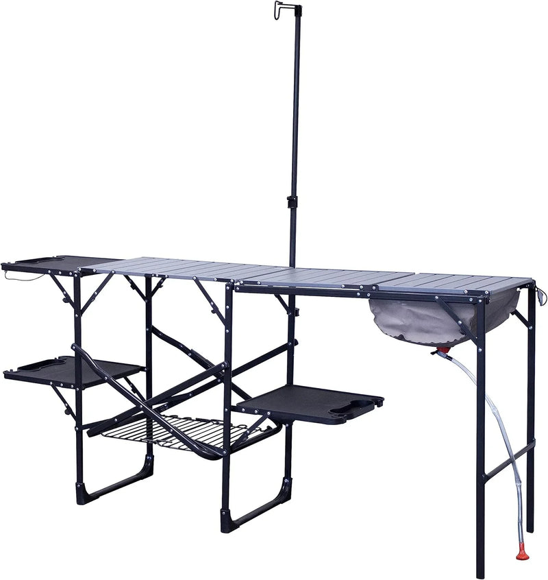 Outdoor chef station | Portable folding kitchen table, equipped with a soft-shell sink, heat-resistant tabletop and telescopic lamp pole, ideal for camping trips I8014
