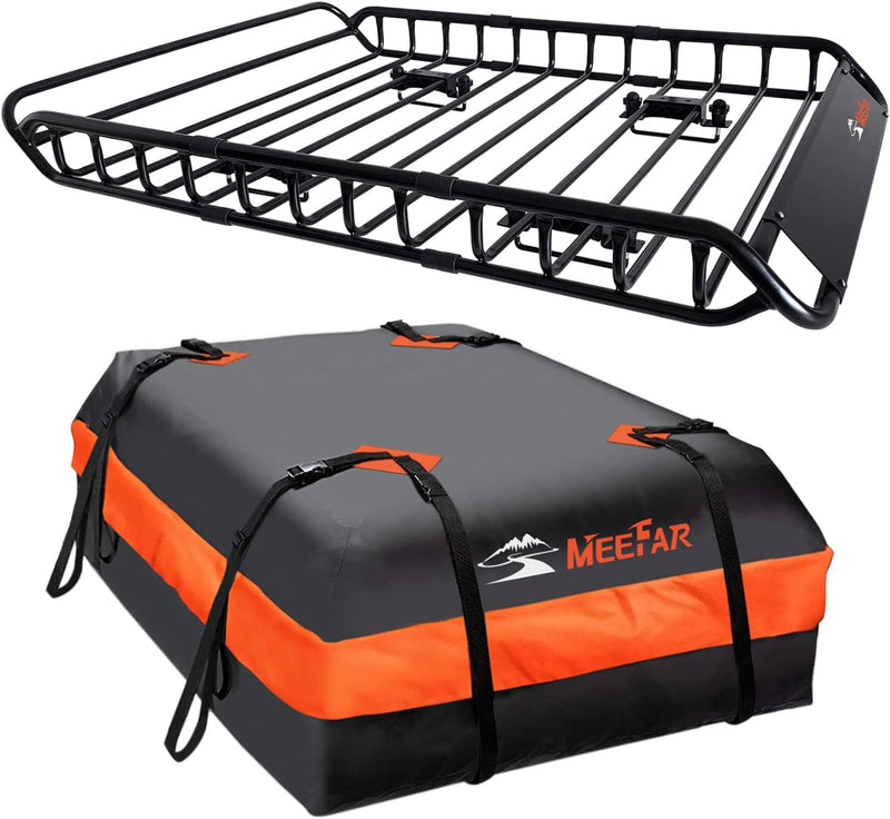 Roof Rack Carrier Basket Universal Rooftop 51" X 36" X 5" Waterproof Bag 15 Cubic Feet (44" 34" 17"), and Cargo Net with Attachment Hooks, Ratchet Straps H9238