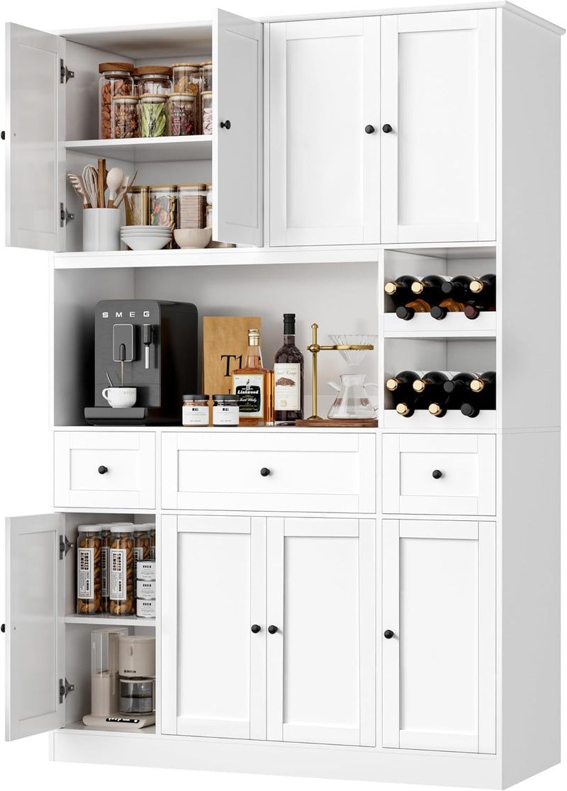 72" Tall Kitchen Pantry with Wine Rack, Pantry Cabinet with Microwave Stand, Large Hutch with Ample Storage, Hutch Cabinet for Kitchen, Dining, Living Room, White L1626