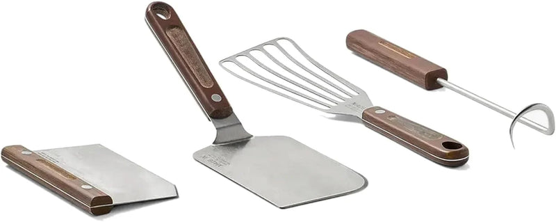 4-piece frying pan set - includes frying pan spatula, workbench scraper, fish spatula and pigtail flipper - brown linen micro-carbon fiber handle I7220
