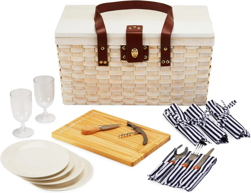 Outdoor picnic basket (with lid and handle), four-person picnic basket (including accessories) picnic equipment set (28-piece set) E6653