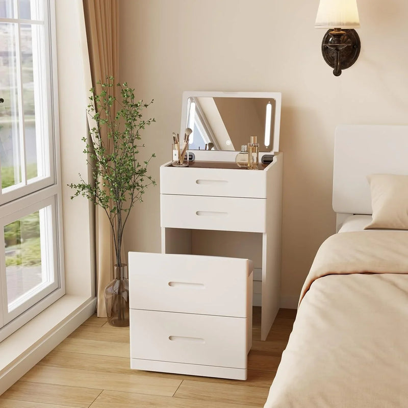 Solid Wood 3 in 1 Vanity Desk with Flip Top Mirror, No Assembly, Compact Vanity with Hidden Chair, Small Makeup Vanity Set with Power Outlet, Dressing Table for Bedroom, White V0986