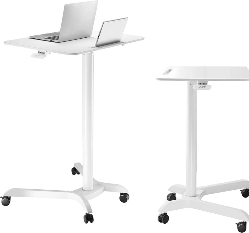Portable laptop desk cart (3 feet 8 inches) - Mobile rolling desk - Computer projector cart - Adjustable height foldable mobile folding table - White mobile frame with brake wheels Z6555
