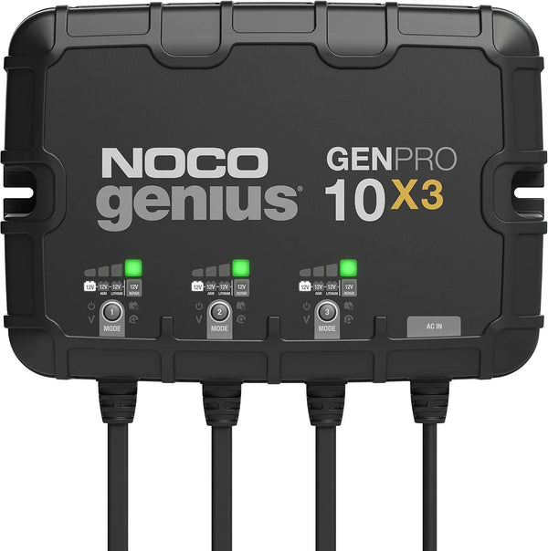 Three sets of batteries, 30-ampere built-in battery charger - Each set consists of 10-ampere, 12-volt waterproof marine charger, featuring overcharge protection and temperature compensation functions - Suitable for lead-acid batteries and Z7464