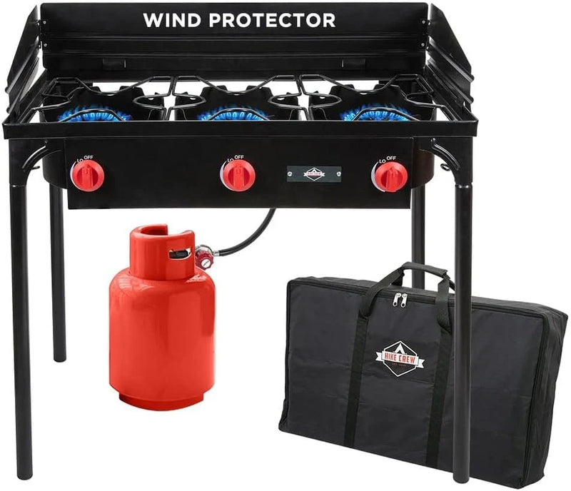 Dual-burner outdoor gas stove | 150,000 British thermal units portable propane stove, with blue flame control, detachable legs, temperature control knob, windproof panel, hose, regulator and storage box G7066