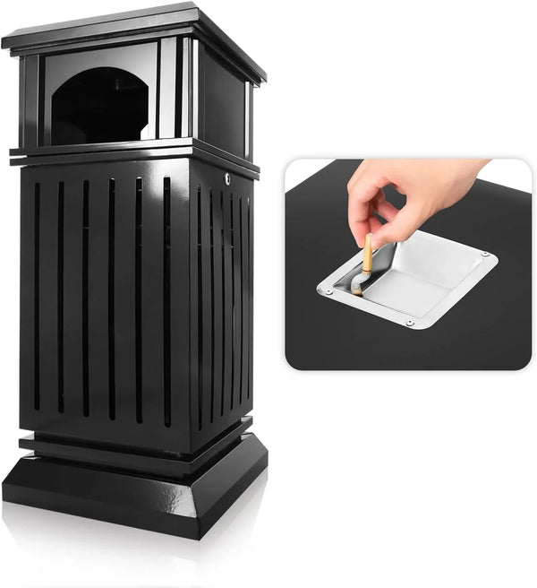 Outdoor trash bin top tray matte black stainless steel commercial waste storage box with lock cover. Heavy-duty industrial garden garage garbage container, dimensions: 35.5 * 15.8 * 15.8 inches. B9144