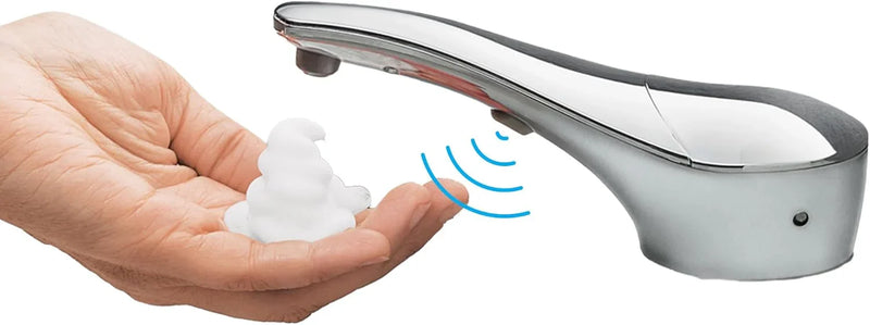 Automatic liquid soap dispenser, with a top-mounted contactless soap nozzle, capacity 34 ounces (1.0 liters), can be placed on the countertop of a public restroom, installation diameter 1-3/8 inches, chrome surface treatment. D2207