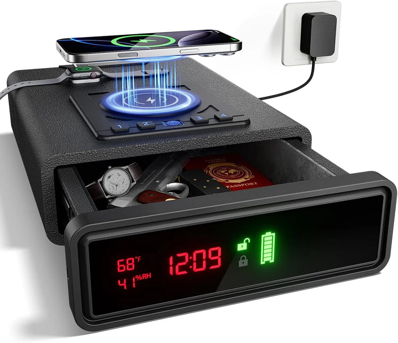 Smart Biometric Safe with Wireless Charging for Phone & Watch, 3 Access Methods to Unlock, Nightstand Drawer Safe LED Display with Humidity & Temperature Monitoring, Stopbox for Cash and Valuables G7619