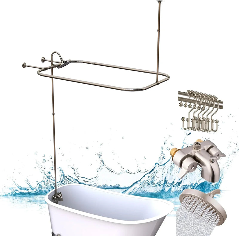 Clawfoot Tub Shower Kit, Add On Shower Units With Bathcock Diverter Faucet and 48" X 27“ Rectangular Claw foot Tub Shower Curtain Rod Kit,Claw foot Tub Shower Faucet Set,Brushed Nickel X6828