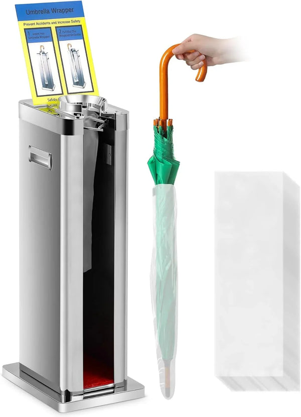 Automatic wet umbrella packaging machine, stainless steel single-slot umbrella bag distributor bracket, equipped with 1000 long umbrella bags and warning signs, suitable for commercial shopping centers, hotels, in silver color. W5222