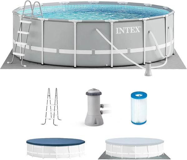 Above Ground Swimming Pool w/ Pump, Cover, & Ladder, 18' x 48", Prism Frame, Gray - Outdoor Round Family Pool w/ Filter, 42-Inch Deep Water R7445