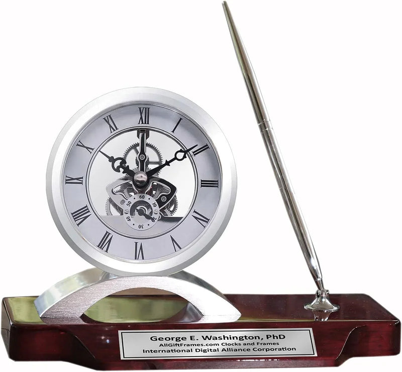 Desk clock, pen set, personalized, unique, silver clock, clear transparent case, gears, da Vinci, timepiece display, metal pen set, wooden desk stand, desk accessories, office, modern home, engraving C4332