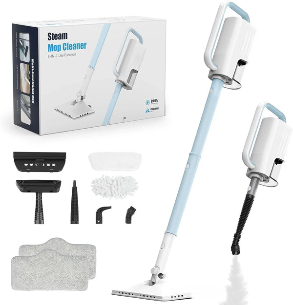 Steam Cleaner, 6 in1 Rotated Steam Mop Cleaner with 2 Modes, 2 Microfiber Pads, 400ML Removable Tank, 23FT Power Cable, Detachable Steam Mops for Floor, Laminate Floor, Tiles Cleaning (Light Blue) I9055
