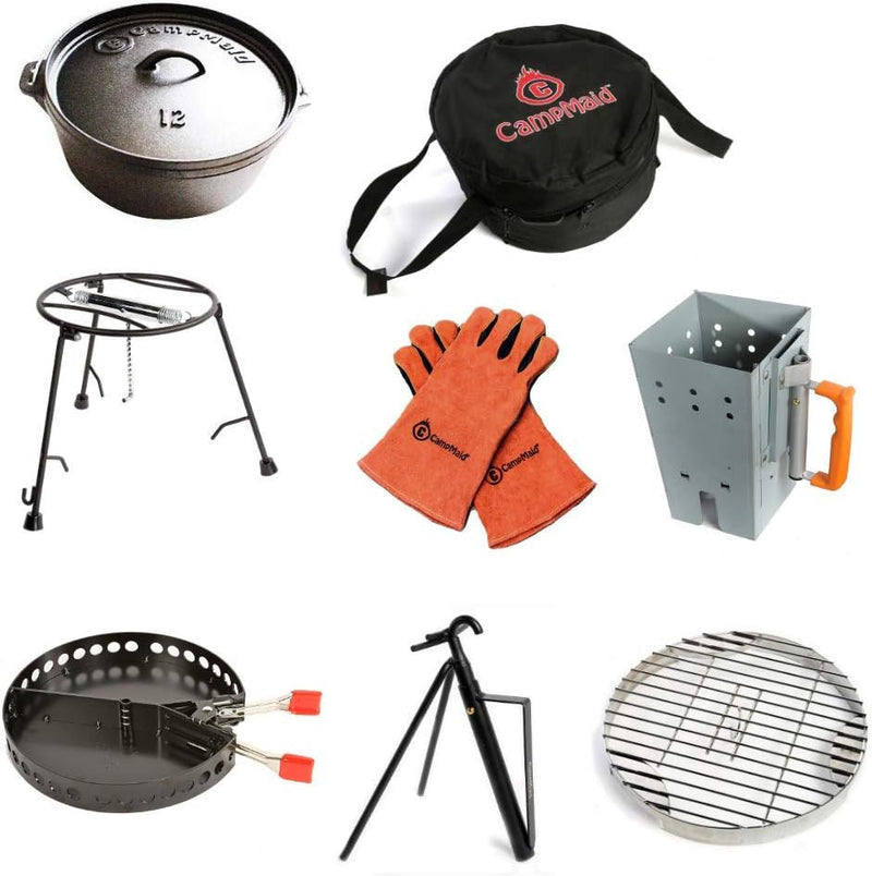 Outdoor Cooking Set - Dutch Oven and Tools Set - Charcoal Holder & Cast Iron Grill Accessories - Camping Grill Set - Outdoor Cooking Essentials - Camp Kitchen Equipment - (8 Piece Set) E4038