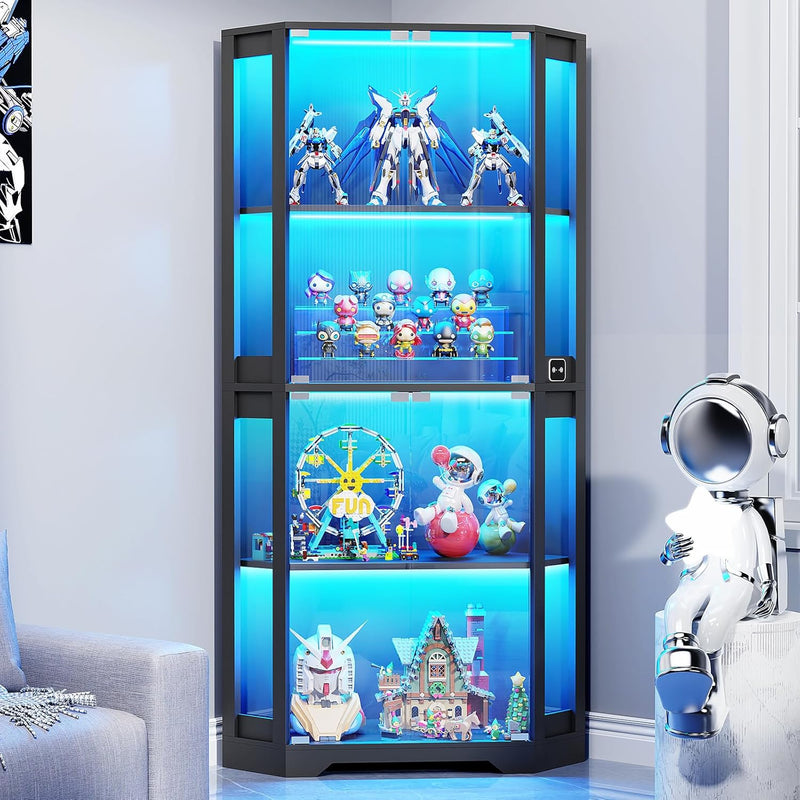 Corner Display Cabinet with Glass Doors, 65" Lighted Curio Cabinet with 3 Color Lights for Collectibles, 4-Tier Display Case Bookcase with Human Body Sensor for Toys, Books, Trophy, Black V9649